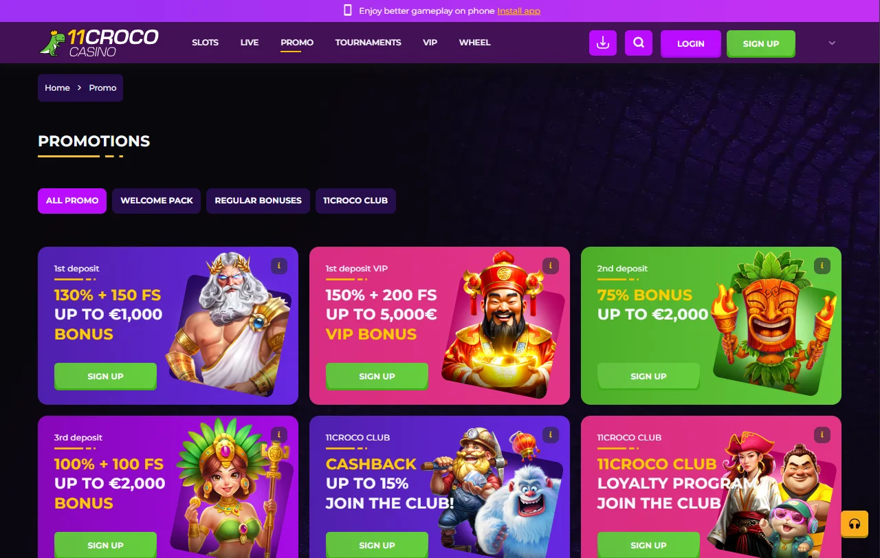 Slots collection and game providers featured on 11Croco Casino desktop interface with filtering options