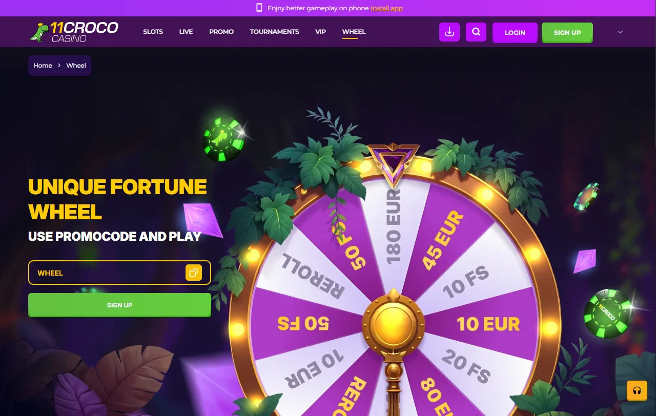 Welcome bonus promotion and deposit incentive details displayed on 11Croco Casino desktop homepage