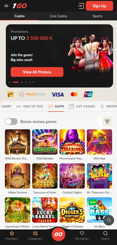 1Go Casino responsive mobile platform accessible on iOS and Android devices without app installation