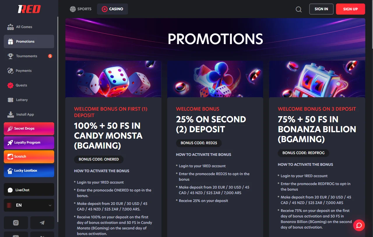 1Red Casino Australia game library featuring slots, table games and live dealer options