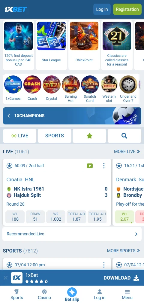 1xBet Casino mobile application accessible on iOS and Android devices with responsive interface design