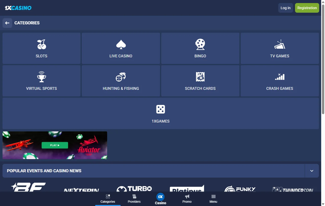 1xCasino game library showcasing 3000+ slots and table games from top providers
