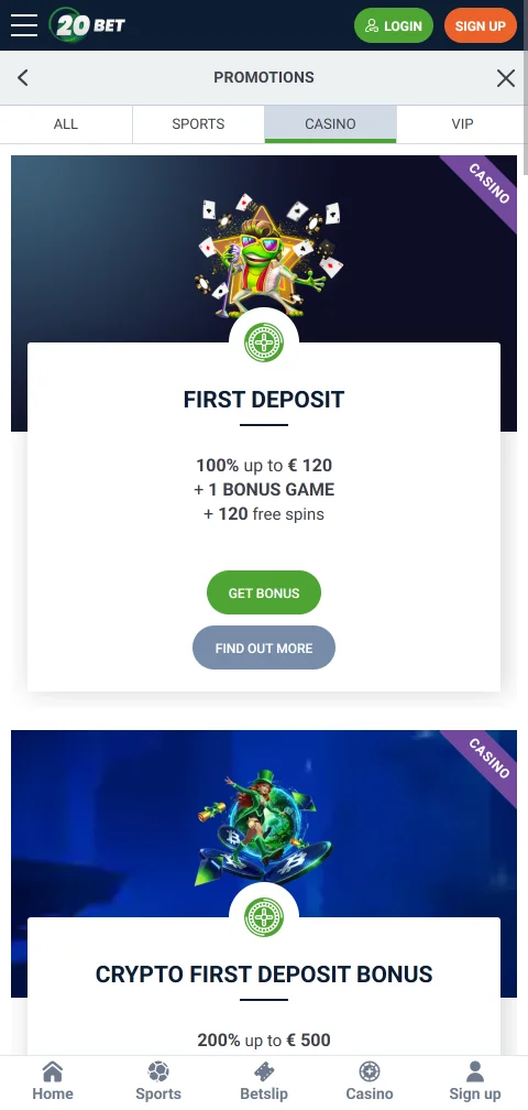 20bet Casino payment options including Visa, Mastercard, Skrill, Neteller, and cryptocurrency deposit withdrawal methods