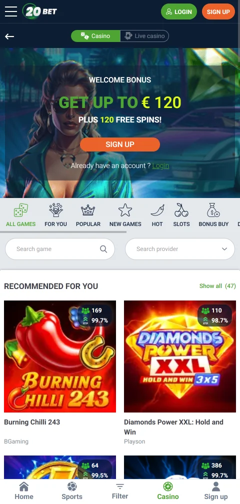 20bet Casino security features including SSL encryption, account verification, and responsible gambling tools for player protection