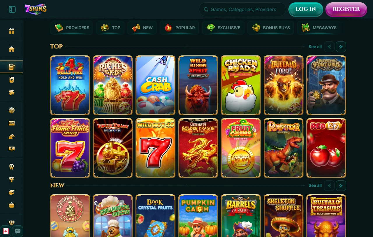 Slot games, table games and live casino options available at 7Signs Casino