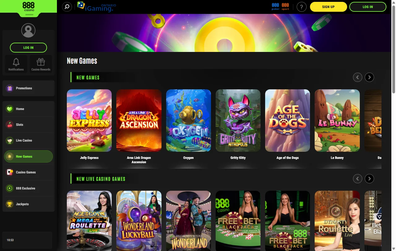 Extensive slots collection and live dealer tables available through 888 Casino gaming platform