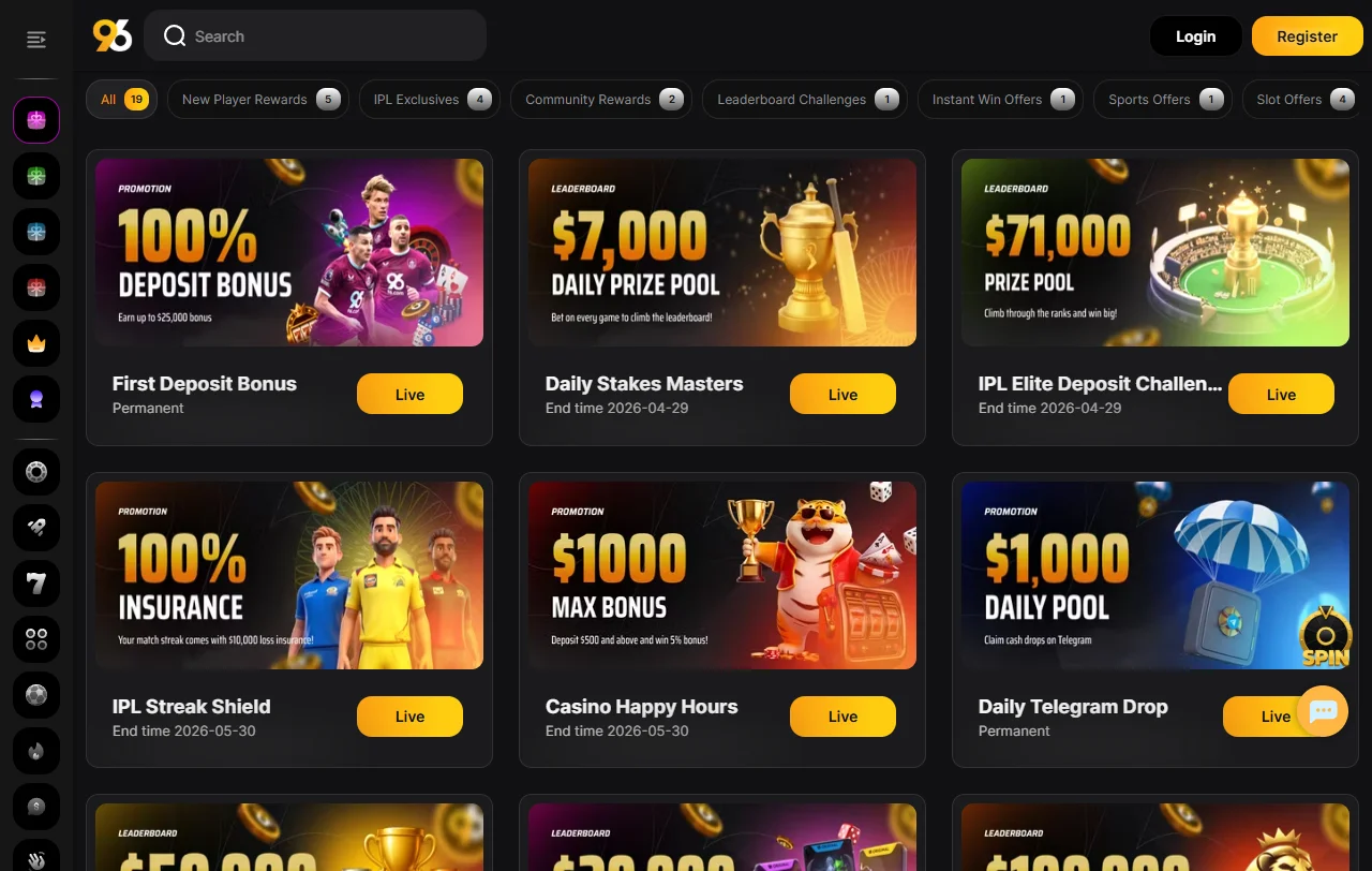 Game selection showcasing 3000+ titles and software providers available at 96 Casino Australia