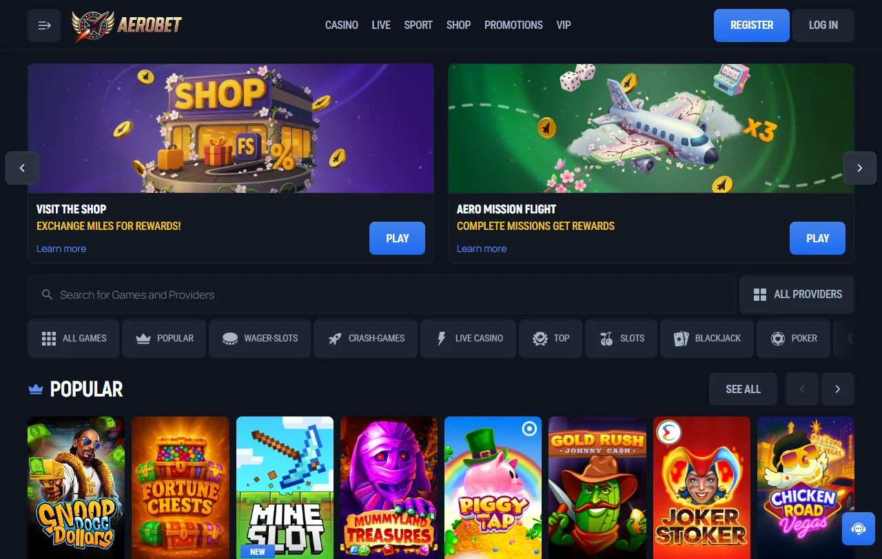 Complete AeroBet Casino review showing platform layout and game selection interface