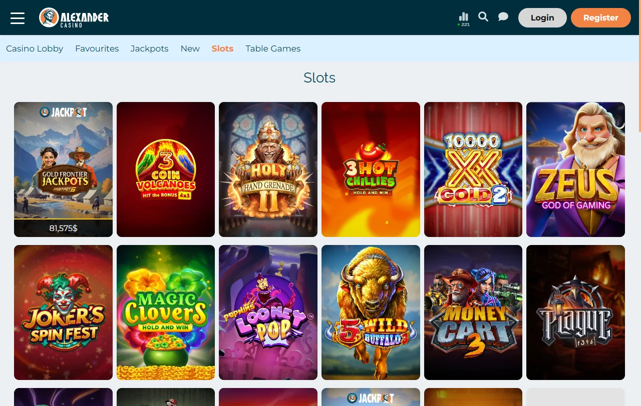 Slot games, table games and live dealer offerings at Alexander Casino