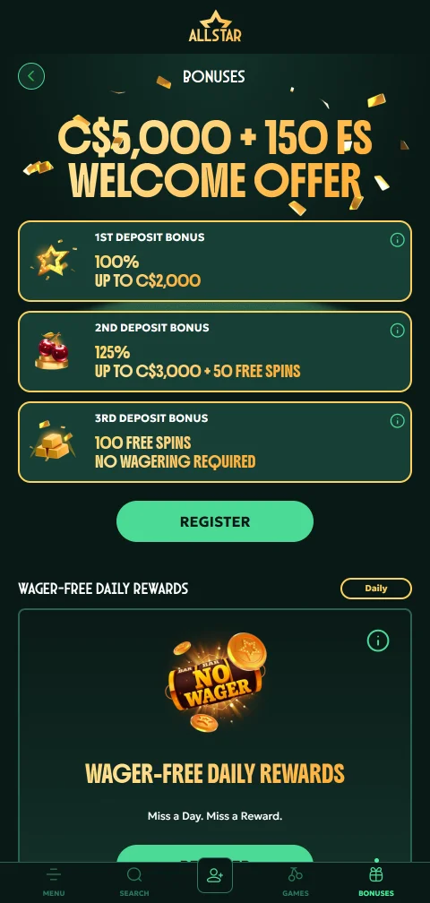 Payment deposit and withdrawal options available through AllStar Casino mobile platform