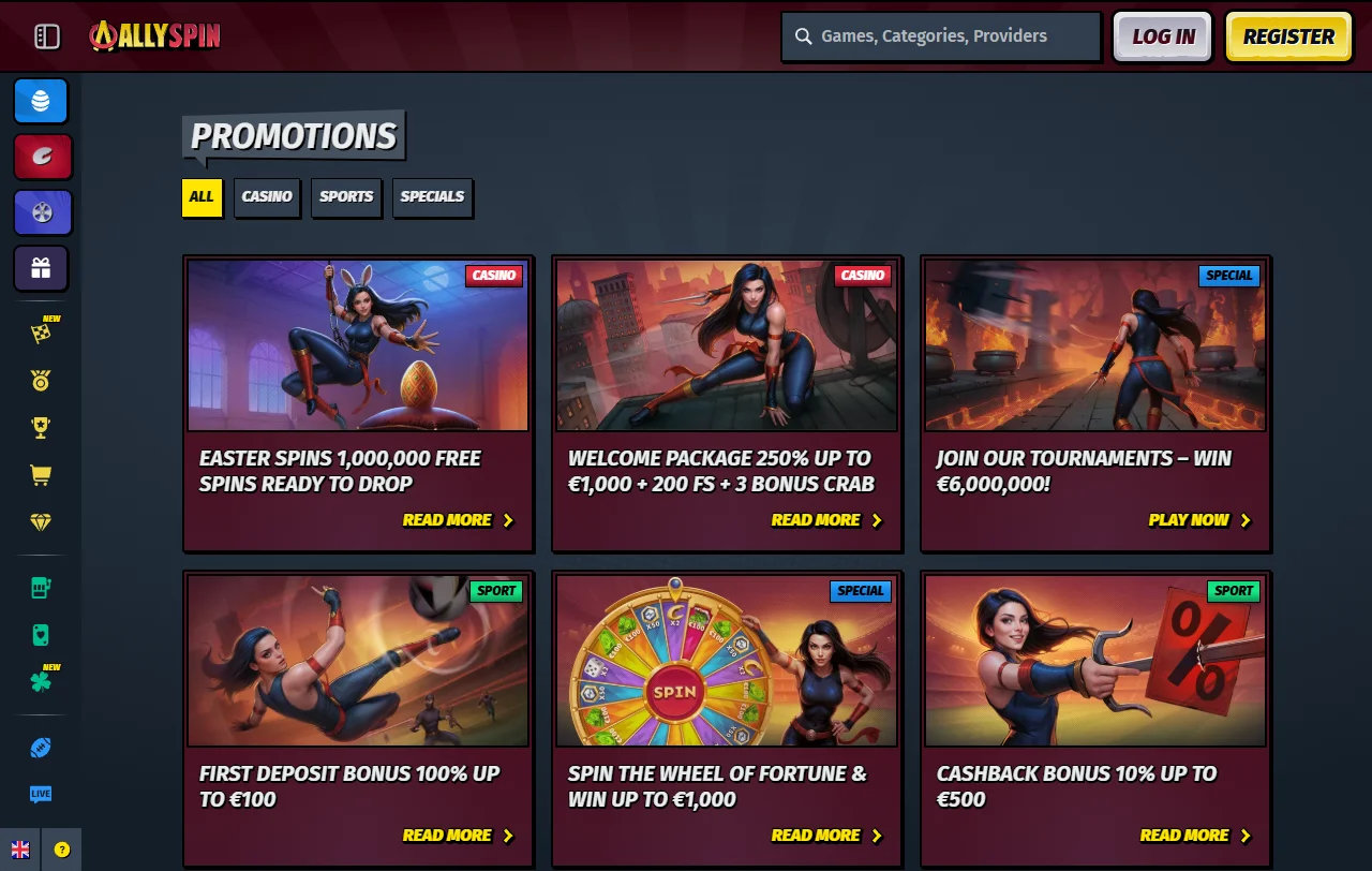 Welcome bonus offer and promotional structure at Allyspin Casino with deposit match and free spins details