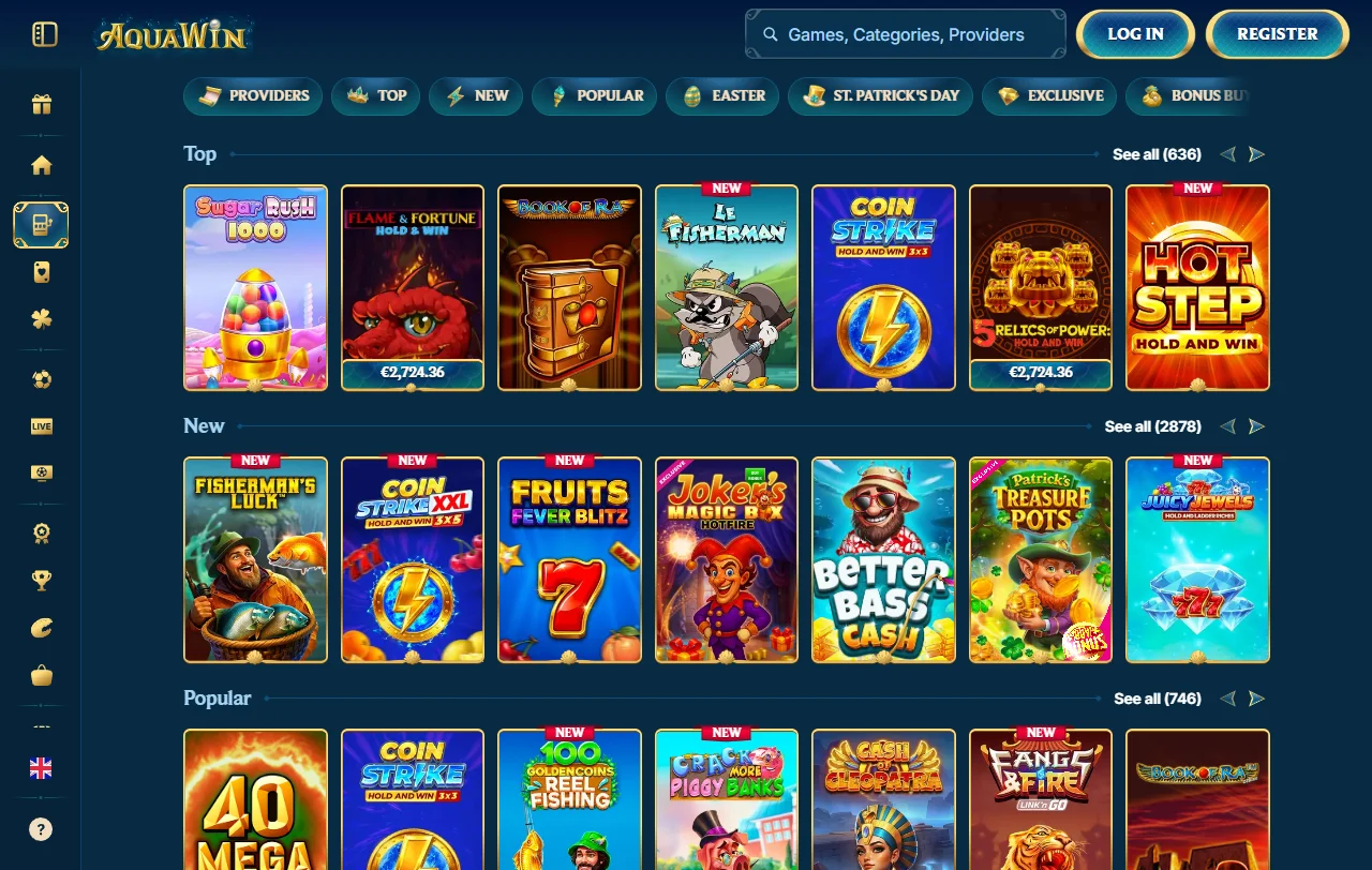 Aquawin Casino game library featuring 2,500+ slots and table games from Evolution Gaming and Pragmatic Play providers