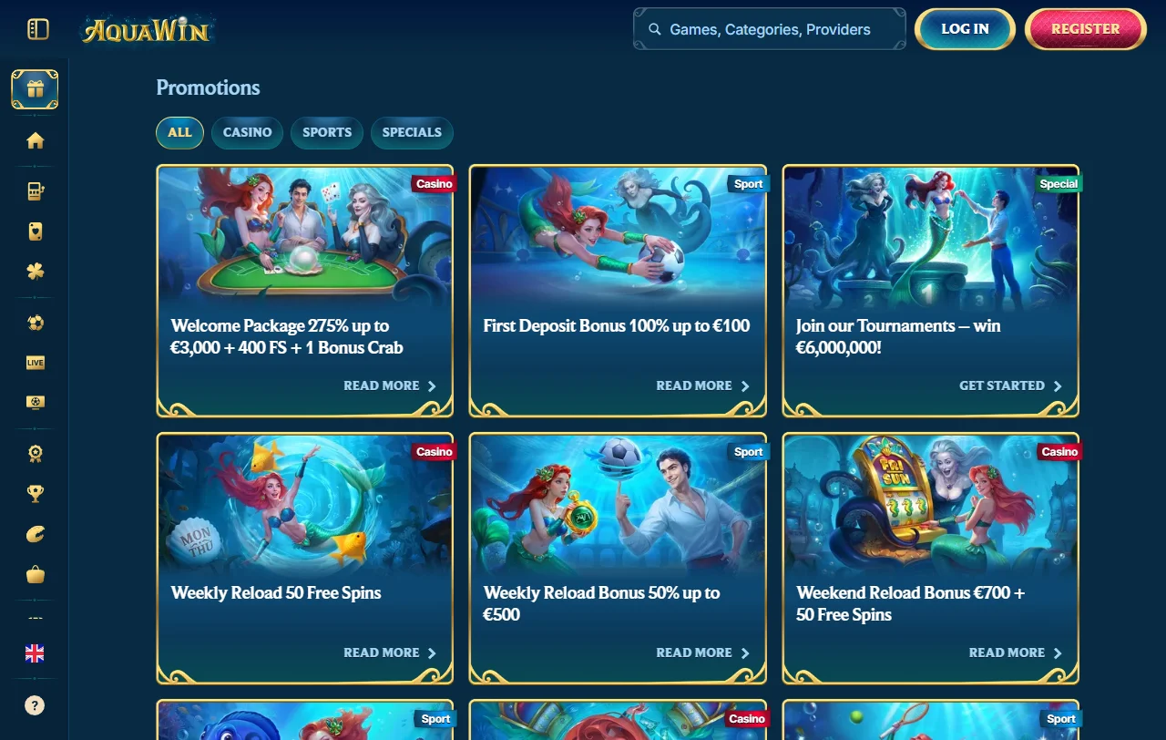 Welcome bonus offer at Aquawin Casino providing 100% match up to AUD 1,000 and 50 free spins on first deposit