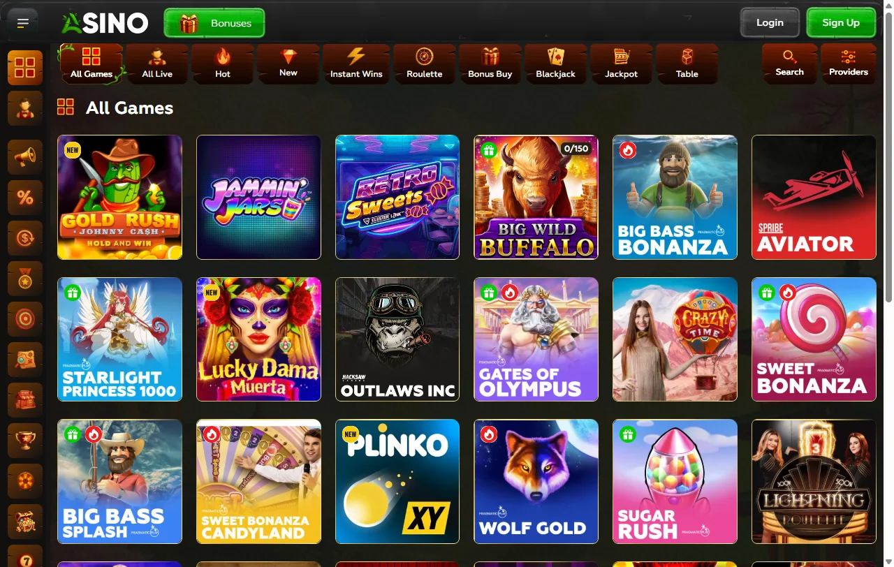 Slot games, table games and live dealer options available at Asino Casino