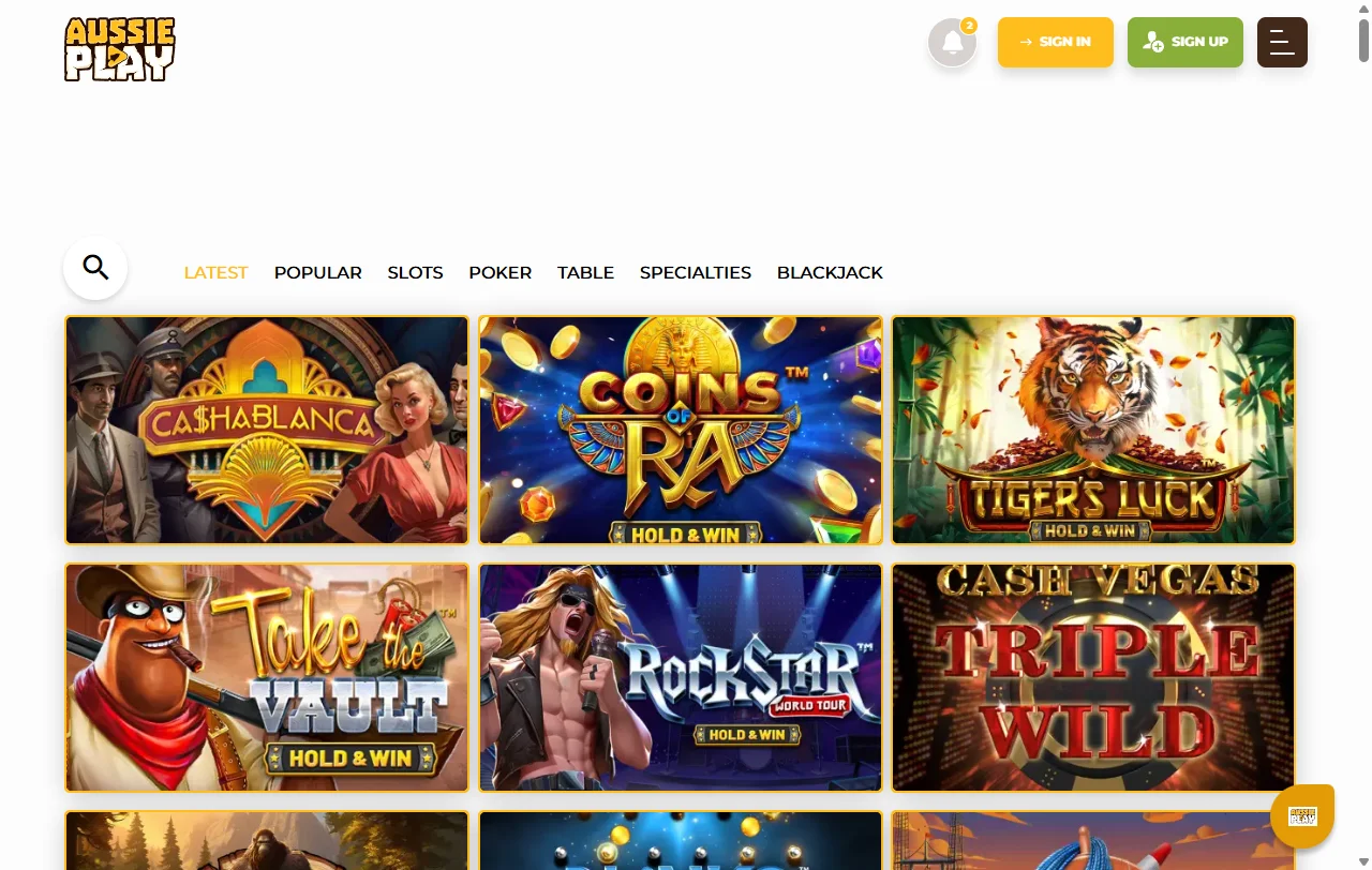 Game library featuring slots and live dealer content available at Aussie Play Casino