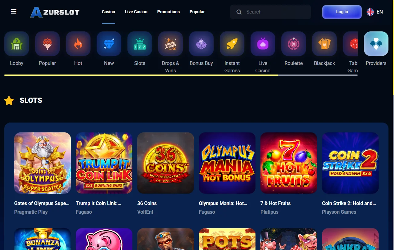 Game library display at AzurSlot Casino featuring slots, table games and live dealer titles