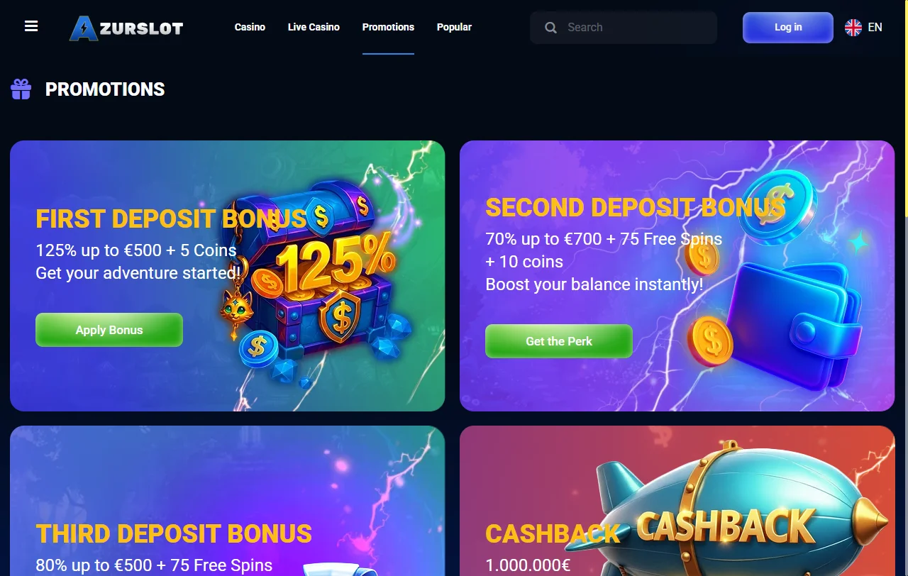 Welcome bonus promotion details at AzurSlot Casino including deposit match and free spins offer