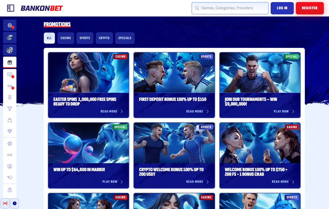 BankonBet Casino game library displaying slots, live dealer tables and software providers available