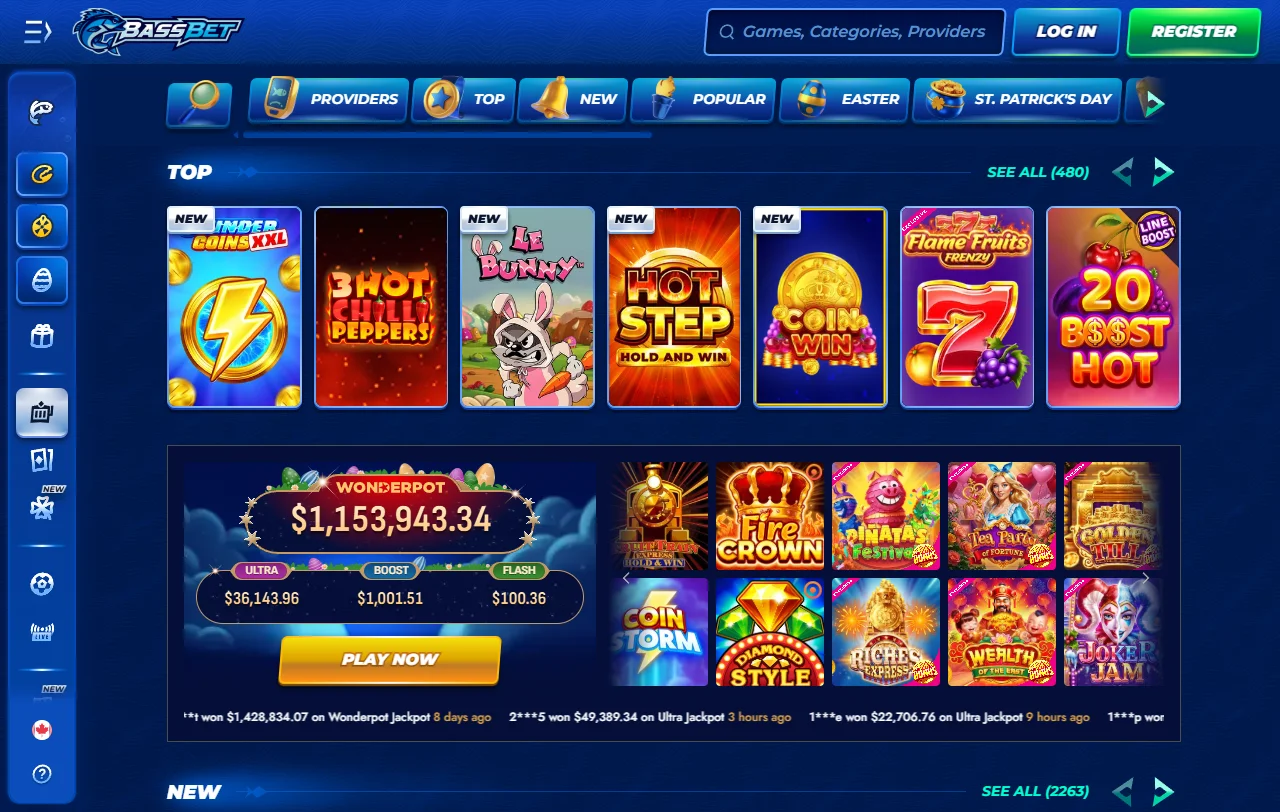Game library interface at BassBet Casino displaying slots, tables and live dealer categories from 60+ software providers