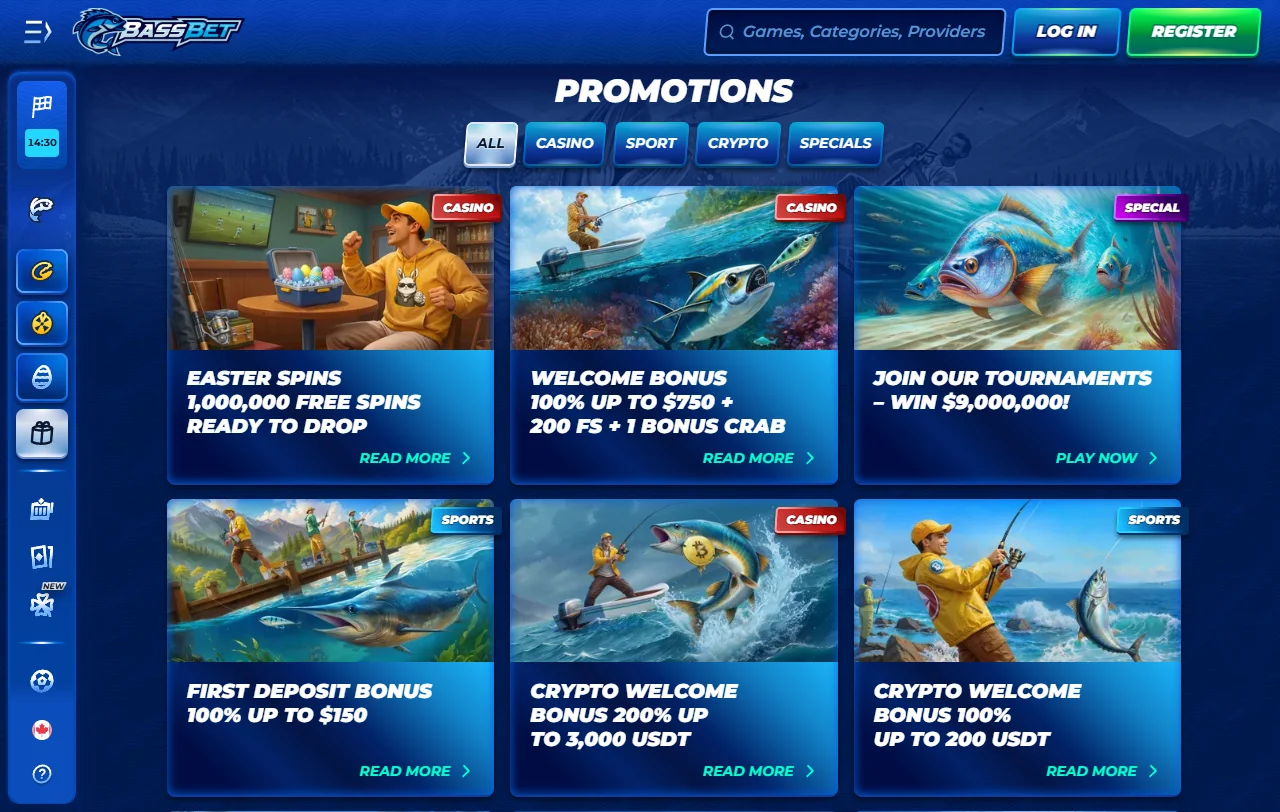 Welcome bonus and promotional offers section at BassBet Casino with 100% match up to AUD 1,000 and free spins details