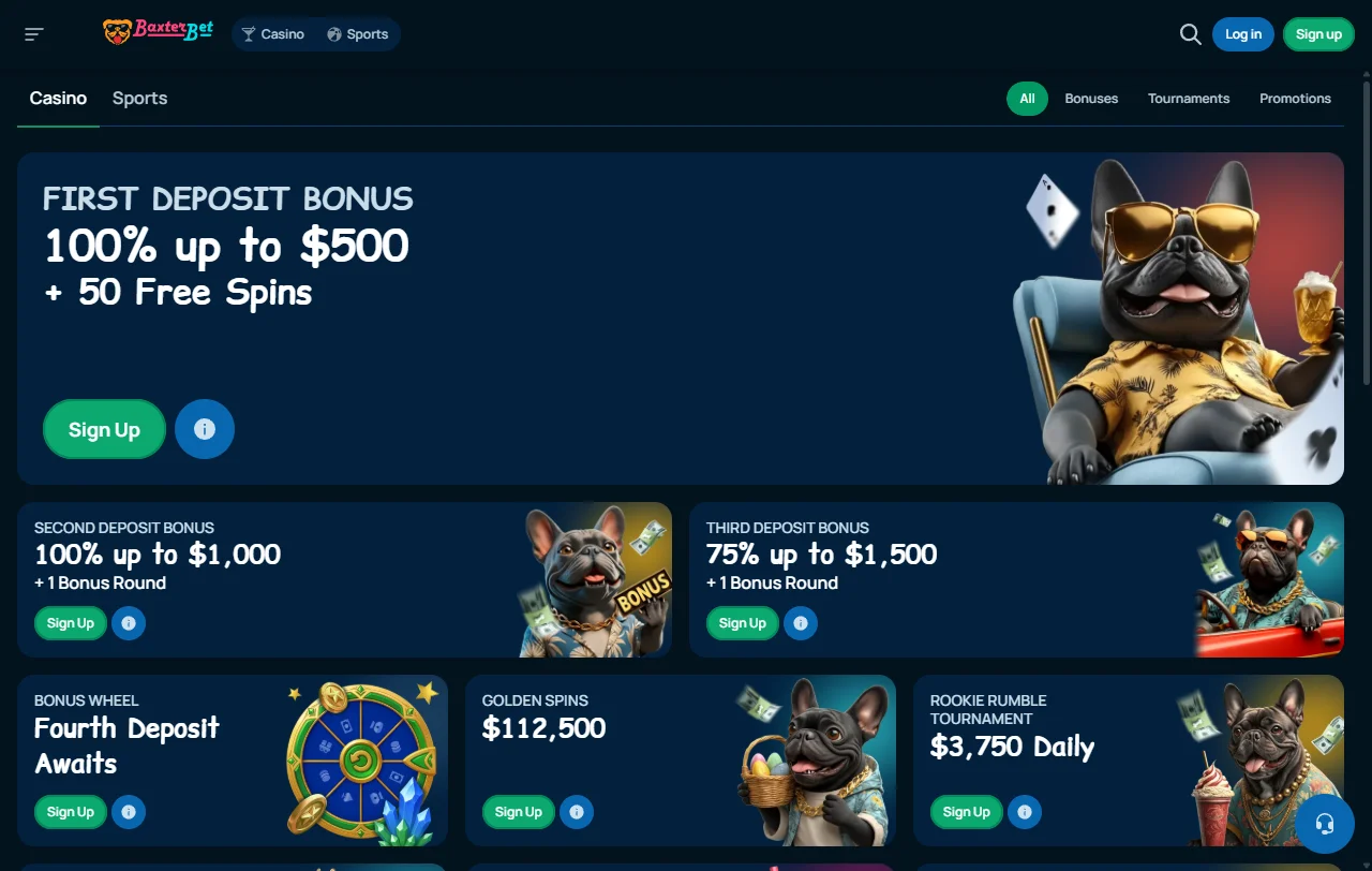 Baxterbet Casino welcome bonus offer showing 100% match up to AUD 500 plus 50 free spins promotion