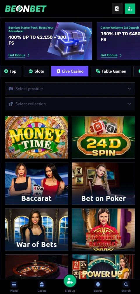 BeonBet Casino mobile browser platform with full game access
