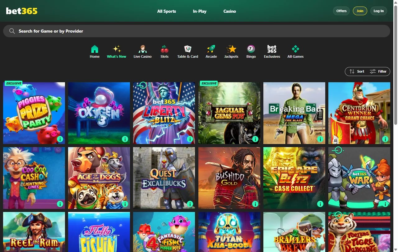 bet365 Casino game selection featuring slots, table games and live dealer tables from multiple software providers
