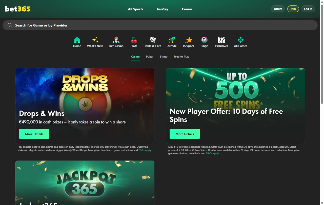 bet365 Casino welcome bonus and promotional offers including deposit matches and free spin allocations