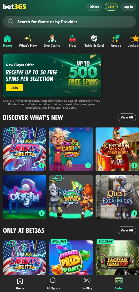 bet365 Casino mobile gaming platform with responsive design accessible on all smartphones and tablets