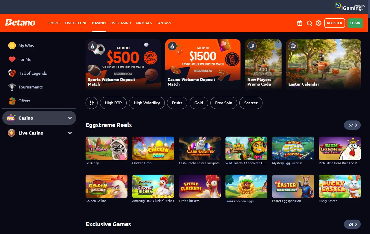 Slots, table games and live dealer selection at Betano Casino featuring approximately 3,500 titles from 60+ software providers