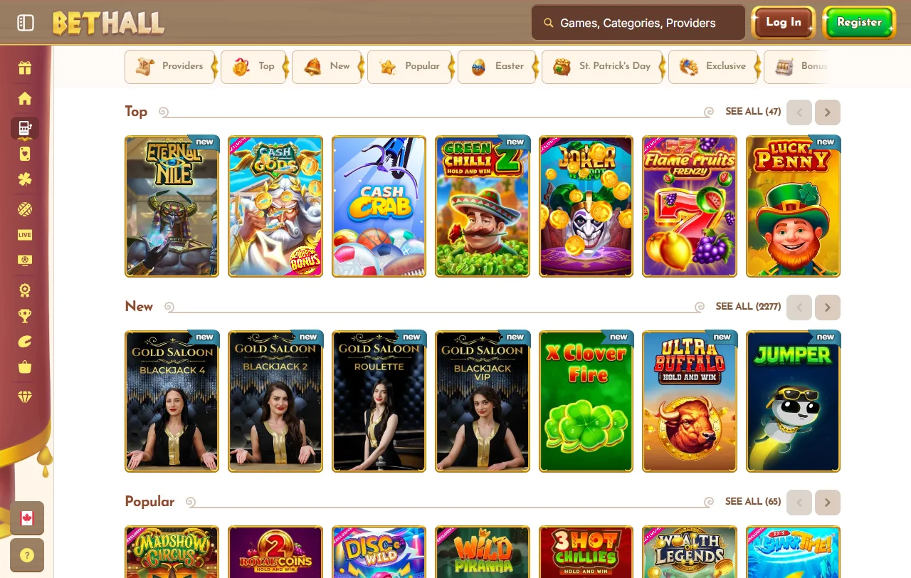 BetHall Casino slots and live dealer games portfolio featuring Evolution Gaming tables and Pragmatic Play titles