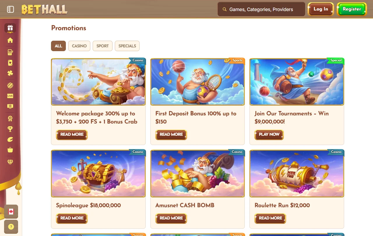 BetHall Casino welcome bonus and promotional offers including approximately 100% deposit match and free spins