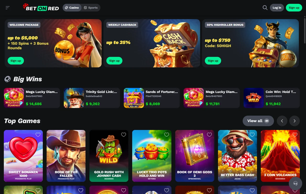Game selection across slots and table games available at BetOnRed Casino on desktop platform