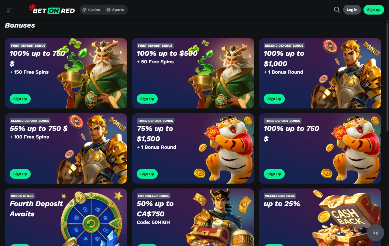 Welcome bonus and promotional offers displayed on BetOnRed Casino desktop interface