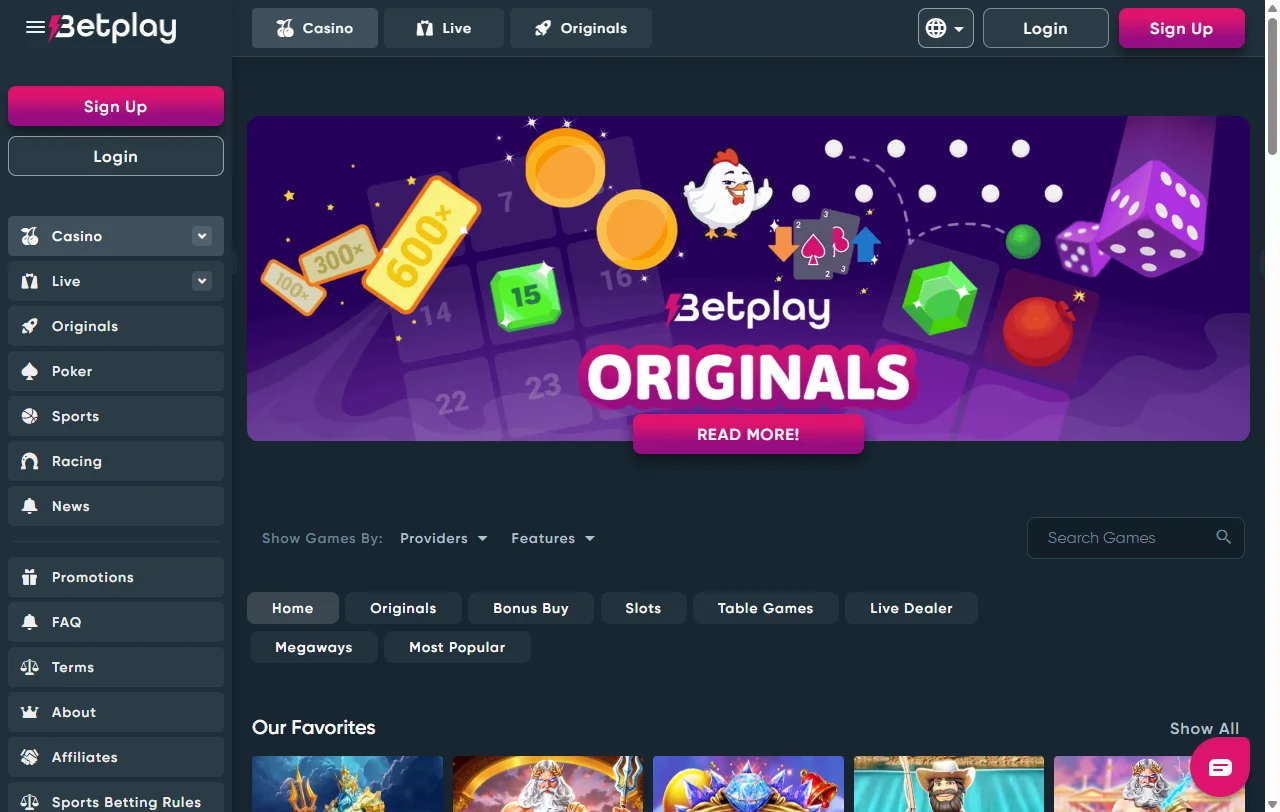 Game library at Betplay Casino Australia featuring slots and table games from major providers