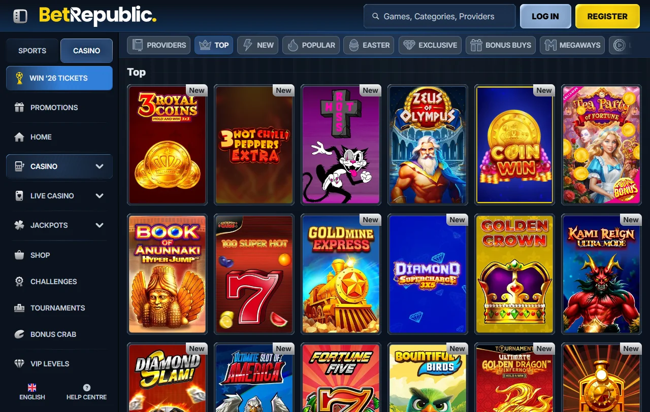 Game collection at BetRepublic Casino featuring 3,500+ slots and table games from 40+ software providers