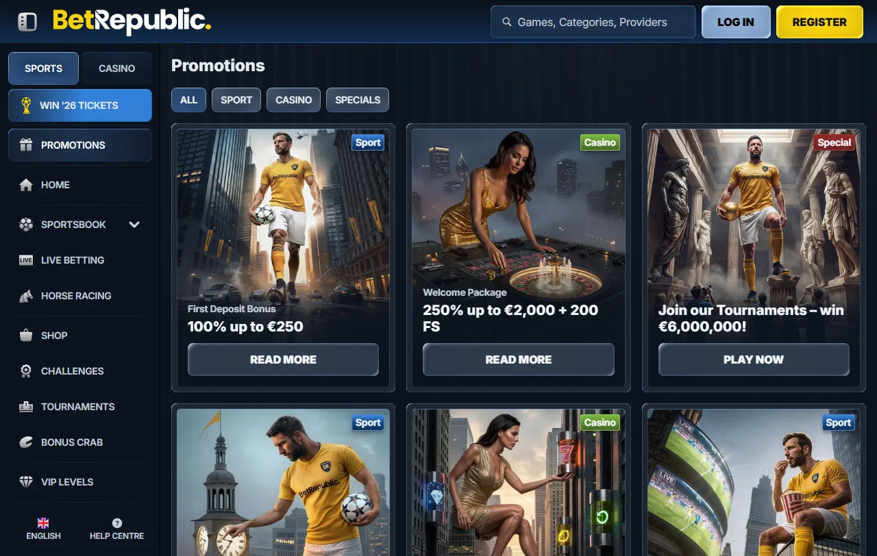Welcome bonus offer at BetRepublic Casino displaying 100% deposit match up to AUD $1,000 promotion