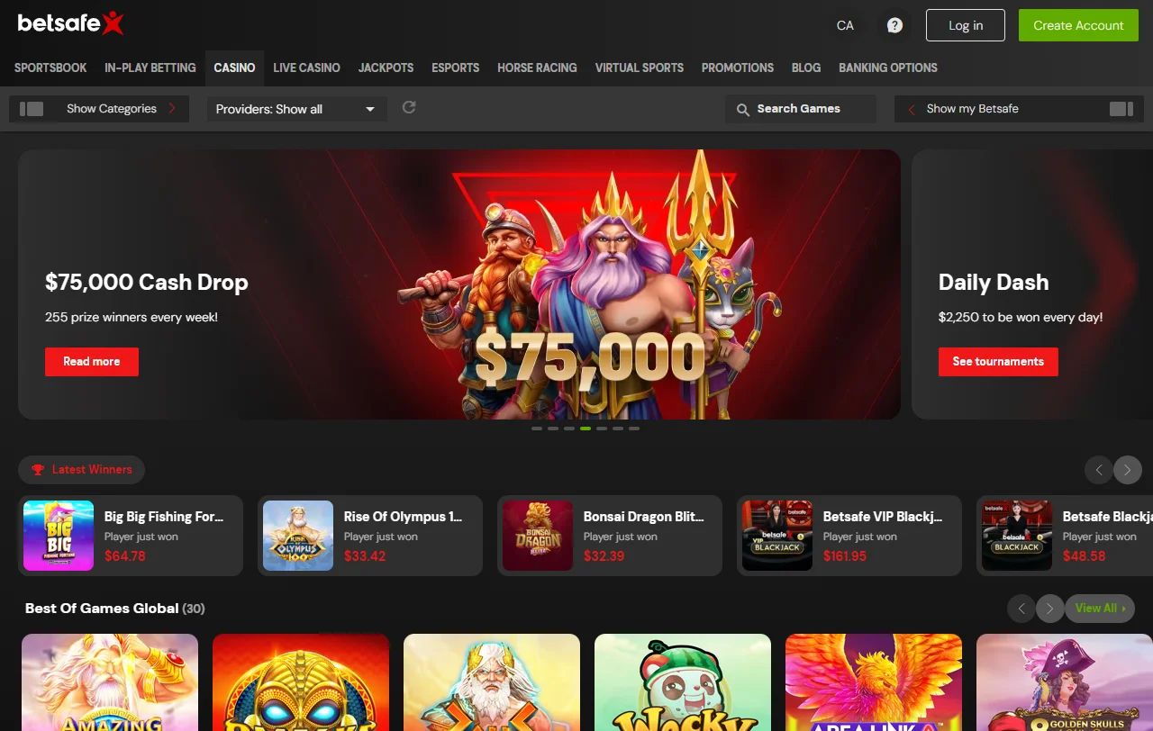 Online slots, table games and live dealer offerings available at Betsafe Casino