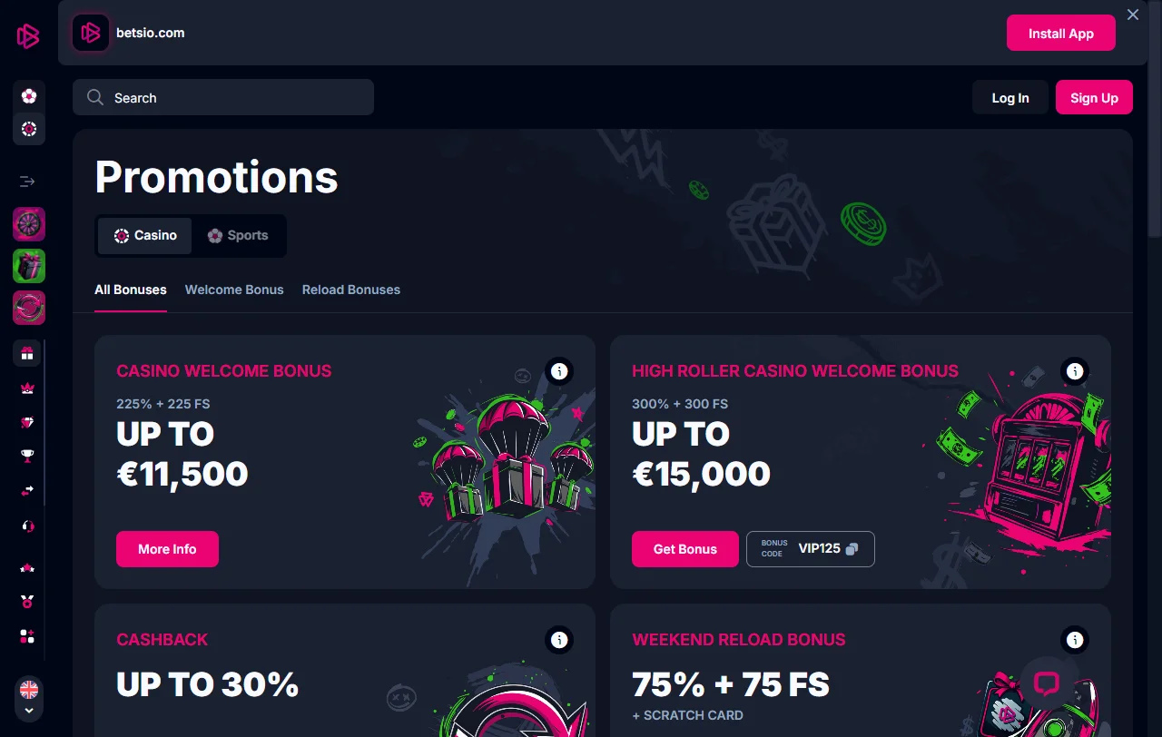 Pokies, table games and live dealer titles available in Betsio Casino game library