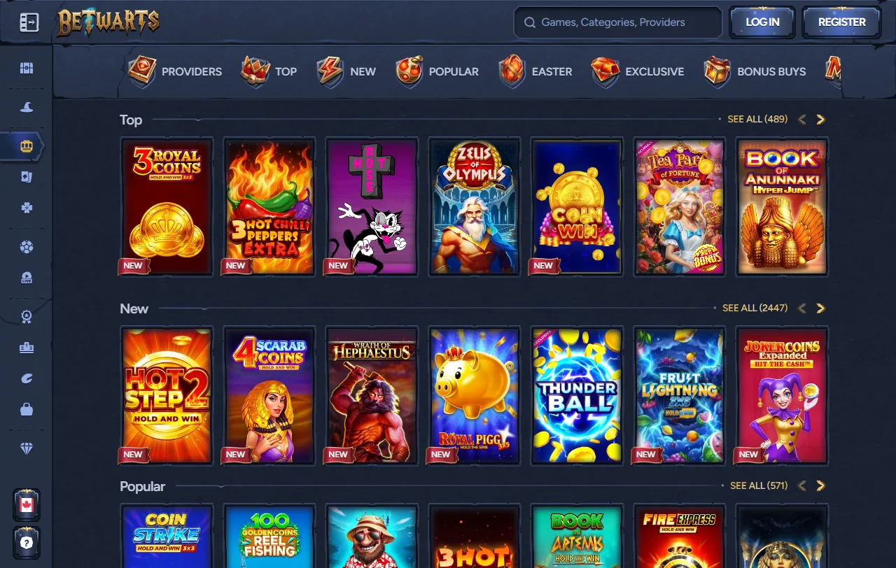 Game selection featuring Pragmatic Play and Evolution Gaming titles available at Betwarts Casino
