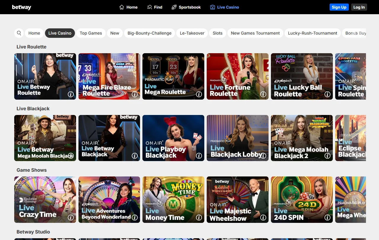 Game library at Betway Casino featuring 3,500+ slots, table games, and live dealer titles from 50+ providers