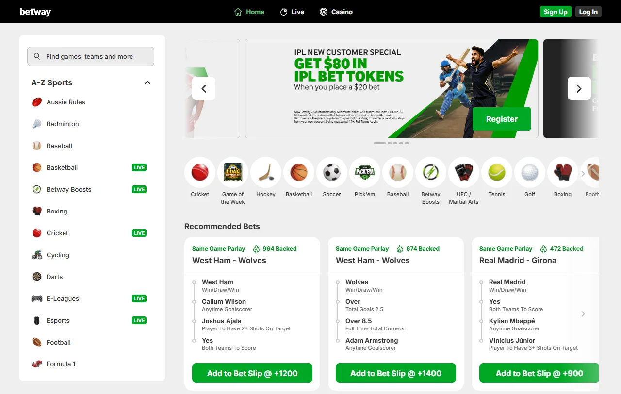 Welcome bonus offer at Betway Casino: 100% deposit match up to AUD $1,000 plus free spins promotion