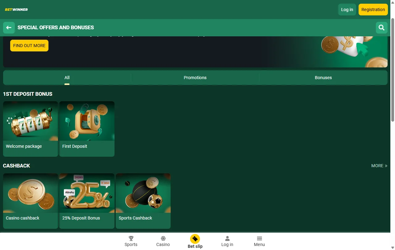Welcome bonus offer approximately 100% matching up to AUD 500 available at BetWinner Casino