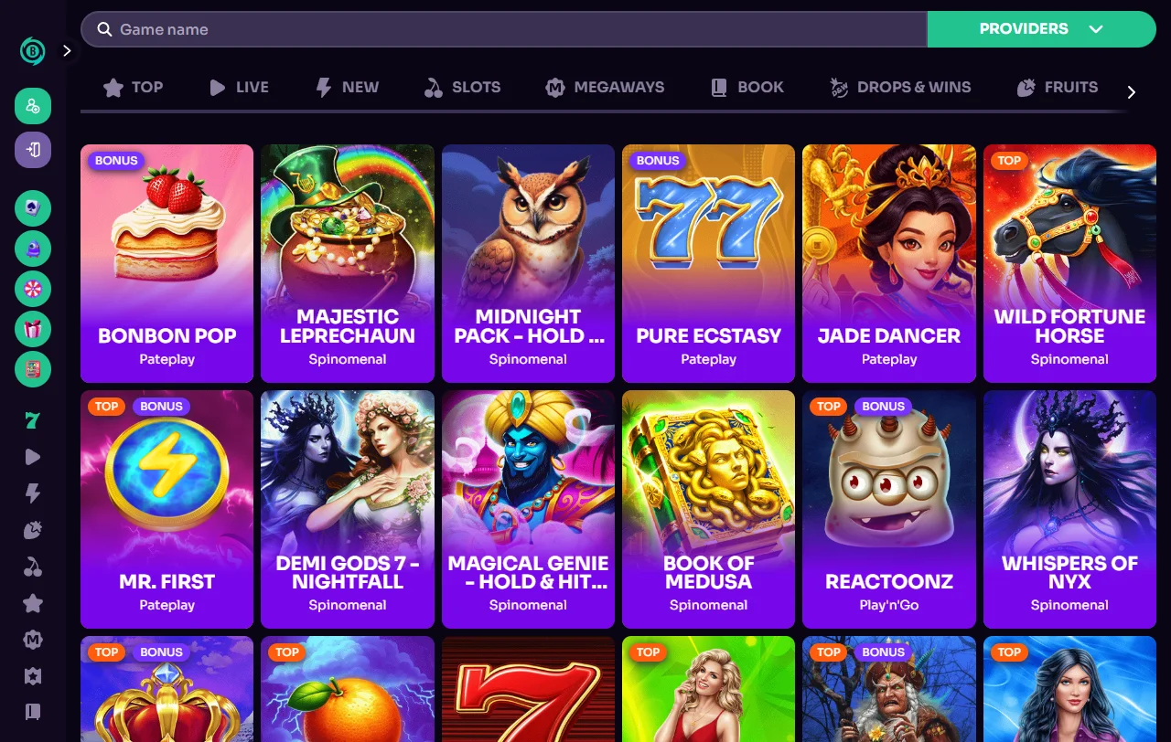 Slots and table games available at Betzard Casino with 2000+ titles from multiple providers