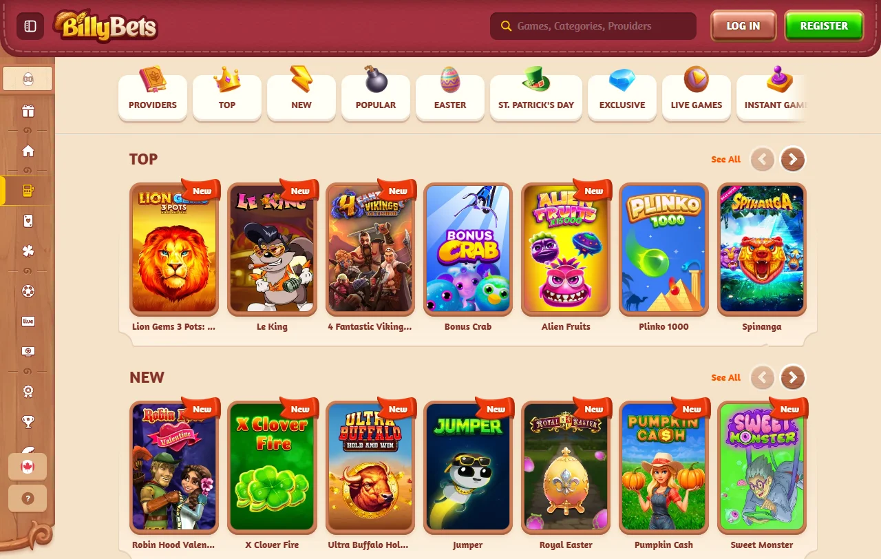Game library featuring Pragmatic Play slots and Evolution Gaming live dealer tables at BillyBets Casino