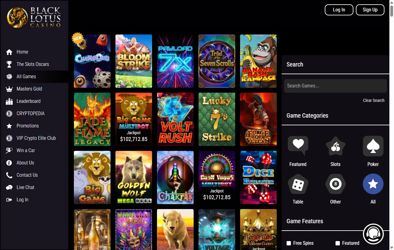 Black Lotus Casino game library featuring Pragmatic Play and Evolution Gaming titles