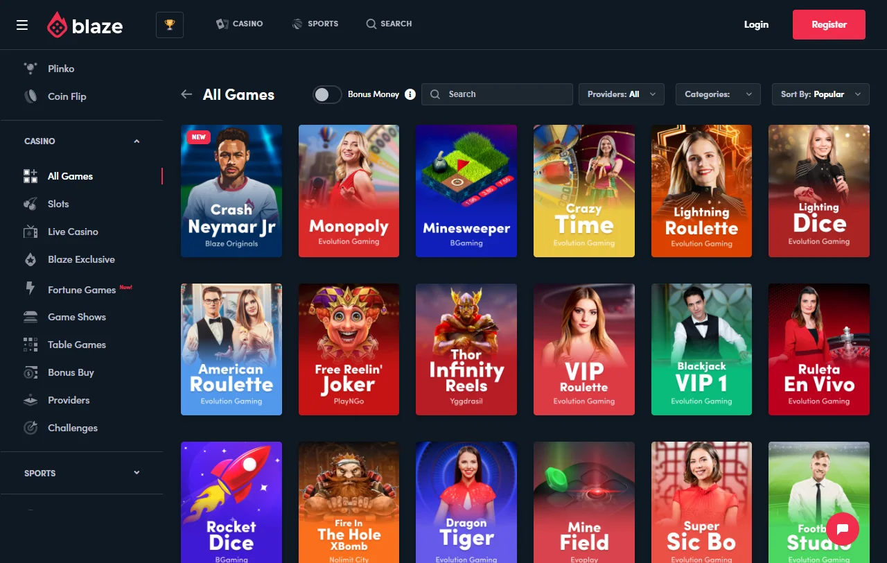 Blaze Casino game library featuring 3,000+ titles from 50+ software providers including Evolution Gaming