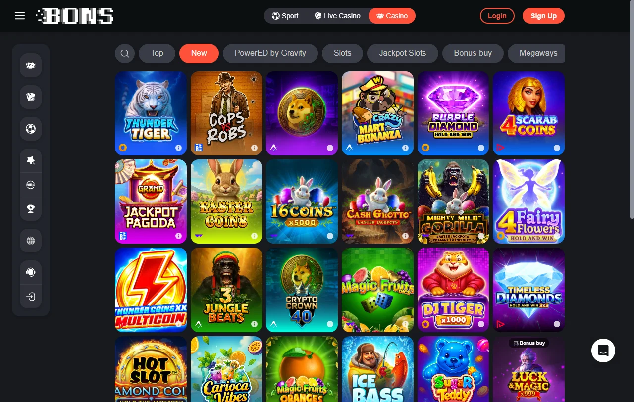 Extensive game library featuring slots, table games and live dealer titles from Bons Casino