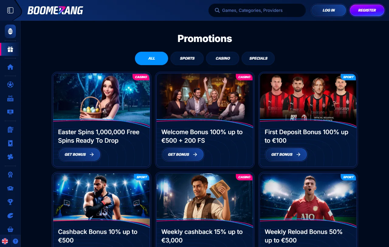 Boomerang Casino game library featuring 3,000+ titles from Pragmatic Play, Evolution Gaming, and leading software providers