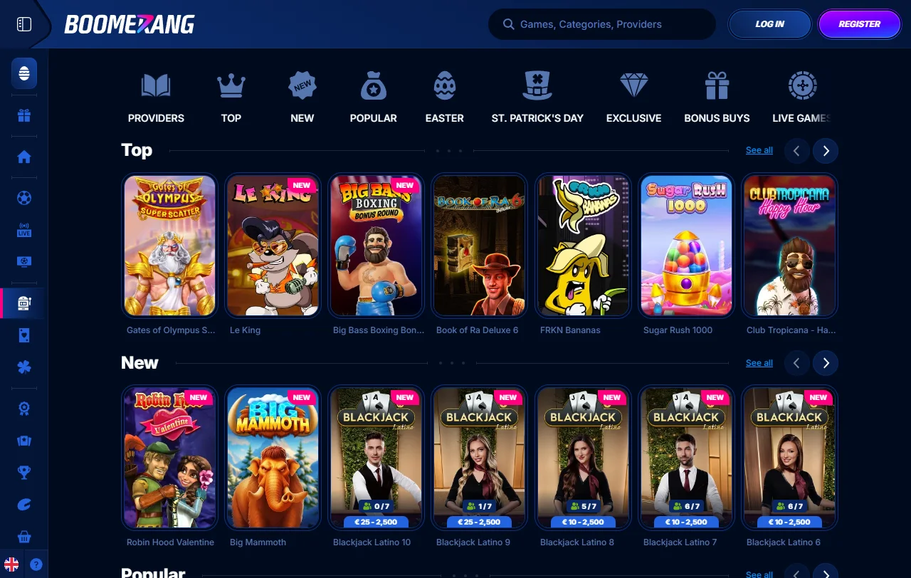 Welcome bonus offer at Boomerang Casino approximately 100% up to 500 AUD plus free spins with promotional terms